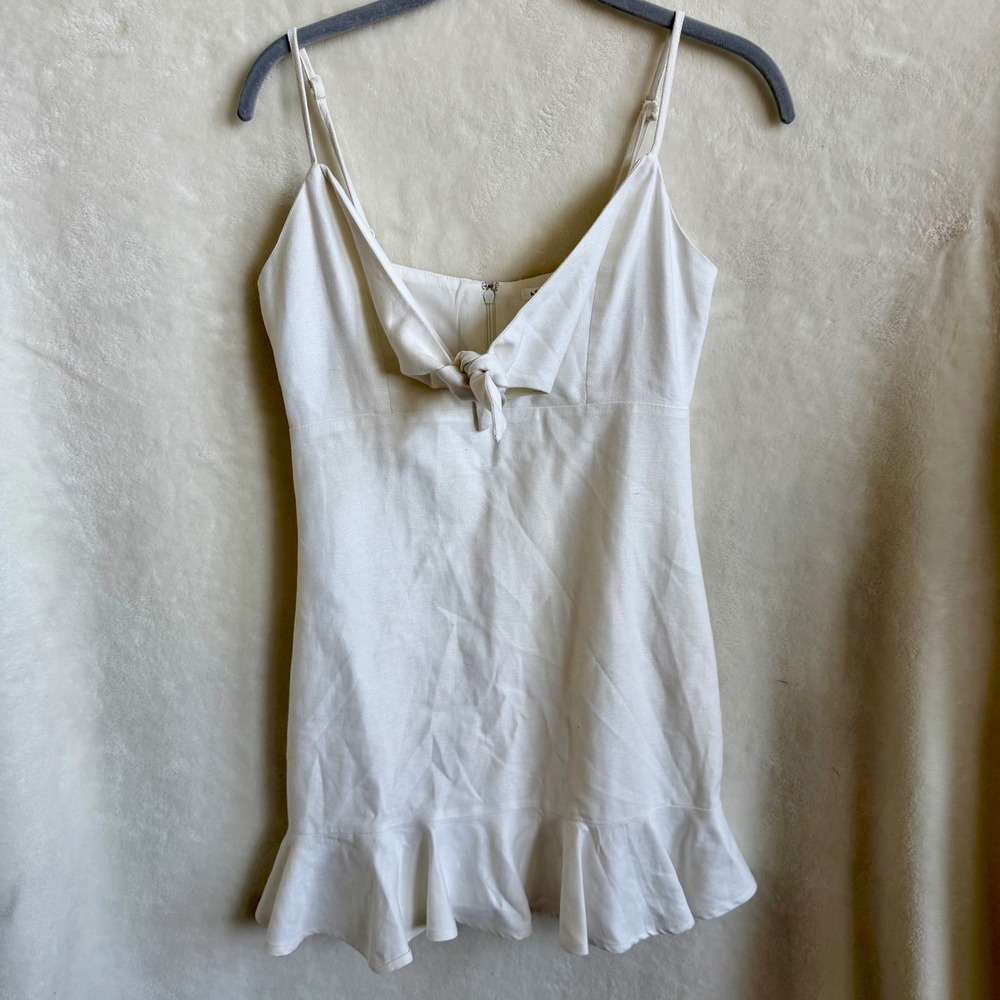After Market Sz S White Linen Cotton Mini Dress Spaghetti Strap Ruffle Hem Bow